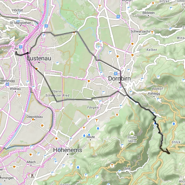 Miniaturní mapa "Silniční trasa přes Dornbirn a Hoher Knopf" inspirace pro cyklisty v oblasti Vorarlberg, Austria. Vytvořeno pomocí plánovače tras Tarmacs.app