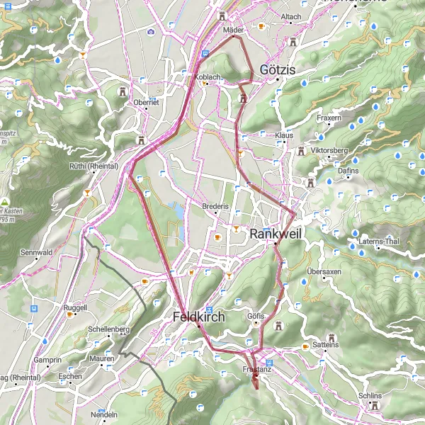 Miniaturekort af cykelinspirationen "Kort Gravelrute til Feldkirch" i Vorarlberg, Austria. Genereret af Tarmacs.app cykelruteplanlægger
