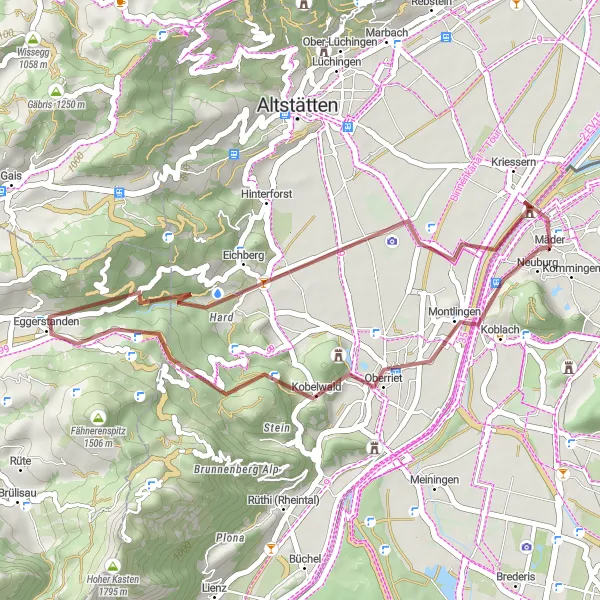 Miniaturní mapa "Gravel Mäder - Beobachtungsturm Spitzmäder" inspirace pro cyklisty v oblasti Vorarlberg, Austria. Vytvořeno pomocí plánovače tras Tarmacs.app