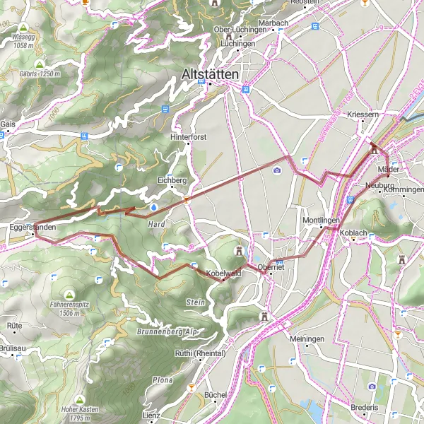 Karttaminiaatyyri "Historian ja kulttuurin polku" pyöräilyinspiraatiosta alueella Vorarlberg, Austria. Luotu Tarmacs.app pyöräilyreittisuunnittelijalla