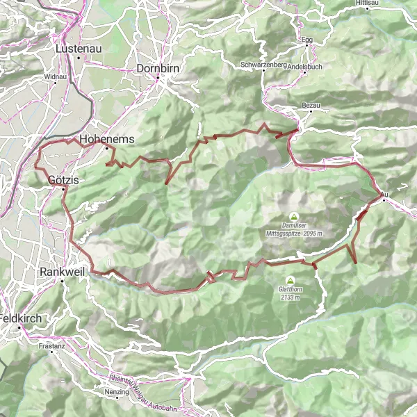 Karttaminiaatyyri "Vuorten ja laaksojen kiertäminen" pyöräilyinspiraatiosta alueella Vorarlberg, Austria. Luotu Tarmacs.app pyöräilyreittisuunnittelijalla