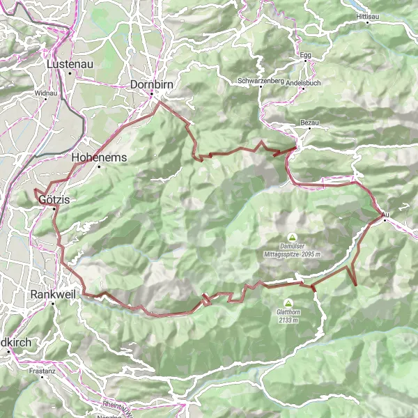 Miniatura della mappa di ispirazione al ciclismo "Tour avvincente delle montagne austriache" nella regione di Vorarlberg, Austria. Generata da Tarmacs.app, pianificatore di rotte ciclistiche