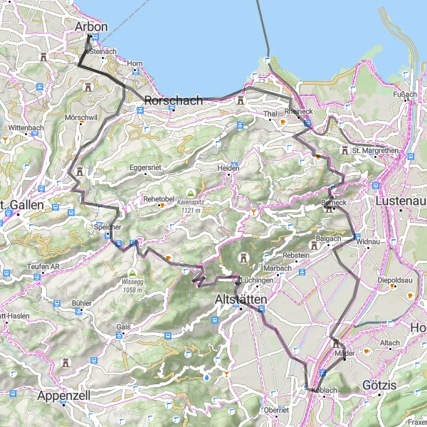 Karttaminiaatyyri "Mäder Spitzmäder - Arbon - Rheineck Loop" pyöräilyinspiraatiosta alueella Vorarlberg, Austria. Luotu Tarmacs.app pyöräilyreittisuunnittelijalla