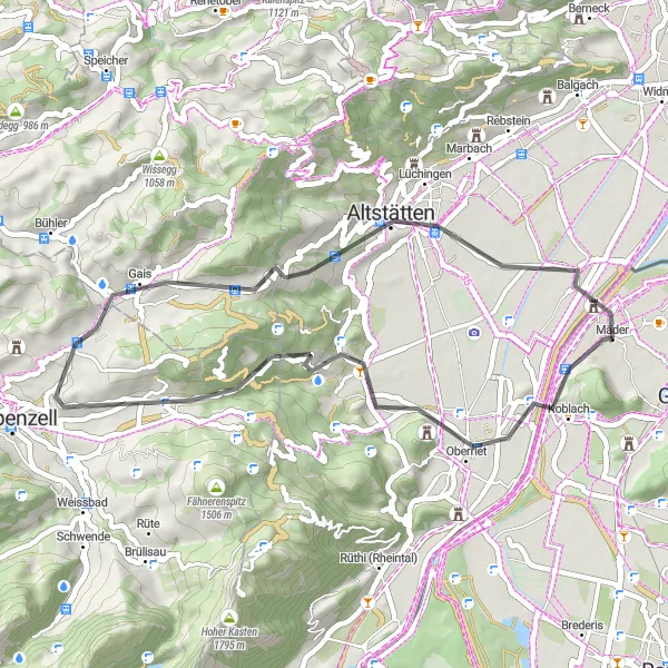 Kartminiatyr av "Mäder til Kriessern via Hoher Dirschberg" sykkelinspirasjon i Vorarlberg, Austria. Generert av Tarmacs.app sykkelrutoplanlegger