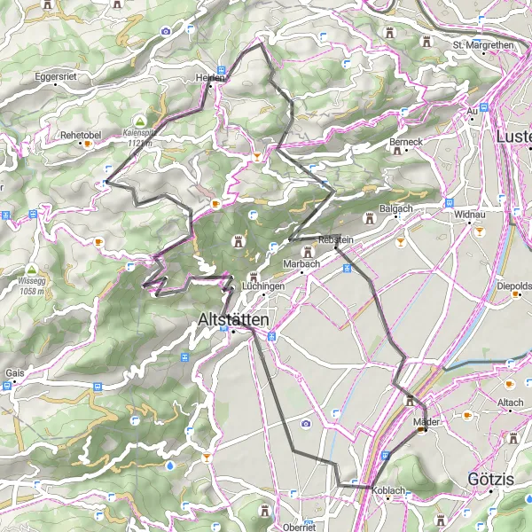 Miniatua del mapa de inspiración ciclista "Ruta de ciclismo de carretera Mäder-Alstätten-Kriessern-Mäder" en Vorarlberg, Austria. Generado por Tarmacs.app planificador de rutas ciclistas