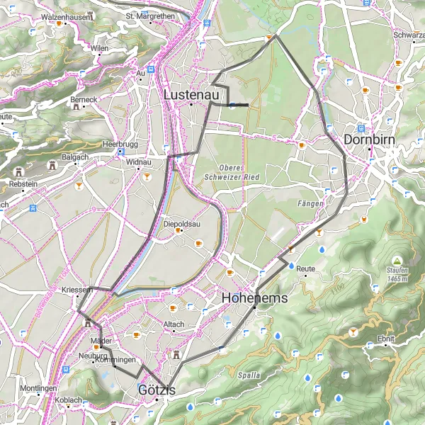 Kartminiatyr av "Mäder til Kummenberg via Schlossberg" sykkelinspirasjon i Vorarlberg, Austria. Generert av Tarmacs.app sykkelrutoplanlegger