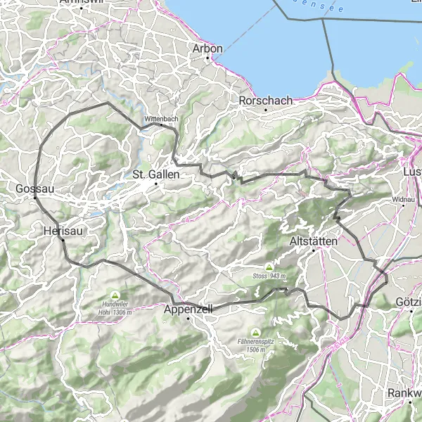 Mapa miniatúra "Výzva vo Vorarlbergu" cyklistická inšpirácia v Vorarlberg, Austria. Vygenerované cyklistickým plánovačom trás Tarmacs.app