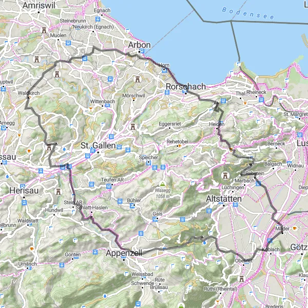 Miniatua del mapa de inspiración ciclista "Ruta en Carretera por Vorarlberg" en Vorarlberg, Austria. Generado por Tarmacs.app planificador de rutas ciclistas