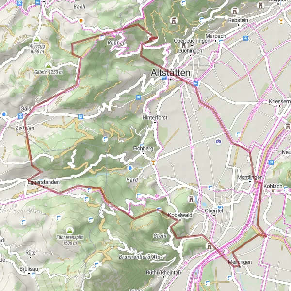Map miniature of "Kobelwald and Hoher Hirschberg" cycling inspiration in Vorarlberg, Austria. Generated by Tarmacs.app cycling route planner