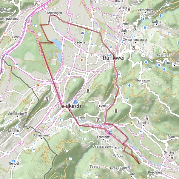 Map miniature of "Meiningen - Rankweil - Pfarrschrofenausblick - Känzele - Feldkirch" cycling inspiration in Vorarlberg, Austria. Generated by Tarmacs.app cycling route planner