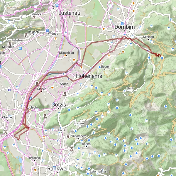 Mapa miniatúra "Výlet po Vorarlbergu so štrkovým terénom" cyklistická inšpirácia v Vorarlberg, Austria. Vygenerované cyklistickým plánovačom trás Tarmacs.app