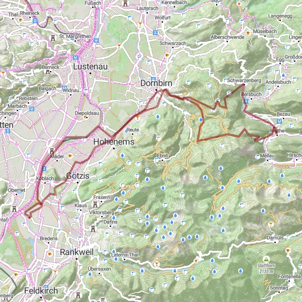 Miniatua del mapa de inspiración ciclista "Ruta Escénica de Grava" en Vorarlberg, Austria. Generado por Tarmacs.app planificador de rutas ciclistas
