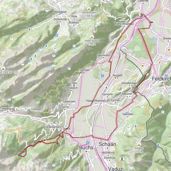 Miniatua del mapa de inspiración ciclista "Ruta de los Castillos y Montañas" en Vorarlberg, Austria. Generado por Tarmacs.app planificador de rutas ciclistas