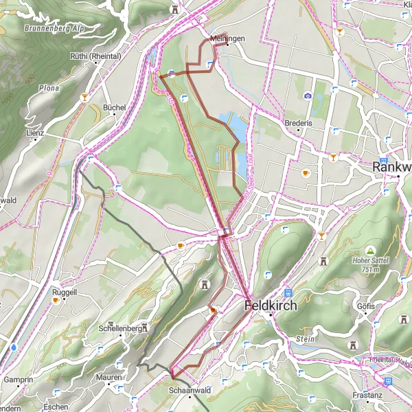Kartminiatyr av "Kort grusväg cykeltur nära Meiningen" cykelinspiration i Vorarlberg, Austria. Genererad av Tarmacs.app cykelruttplanerare