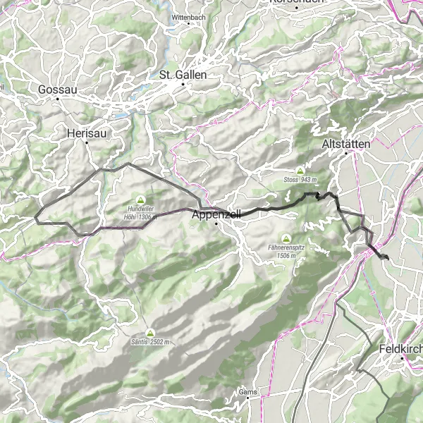 Mapa miniatúra "Okolie Meiningen - Blattenberg - Appenzell Cyklovýlet" cyklistická inšpirácia v Vorarlberg, Austria. Vygenerované cyklistickým plánovačom trás Tarmacs.app