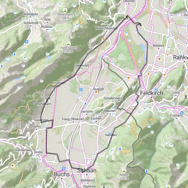 Map miniature of "Meiningen - Schaanwald - Schaan - Sennwald - Blattenberg - Burg Blatten" cycling inspiration in Vorarlberg, Austria. Generated by Tarmacs.app cycling route planner