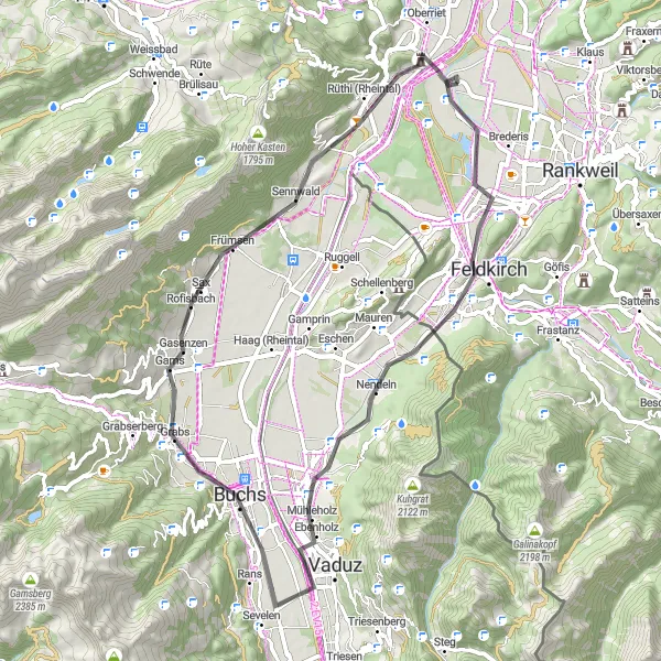 Miniaturní mapa "Cyklistická trasa kolem Vorarlberska" inspirace pro cyklisty v oblasti Vorarlberg, Austria. Vytvořeno pomocí plánovače tras Tarmacs.app