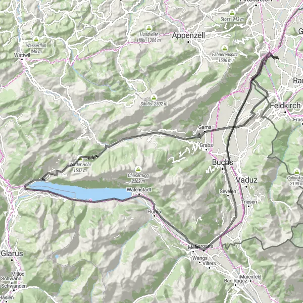 Miniatura della mappa di ispirazione al ciclismo "Grand Tour tra i monti Matschelser e le rive del Walensee" nella regione di Vorarlberg, Austria. Generata da Tarmacs.app, pianificatore di rotte ciclistiche