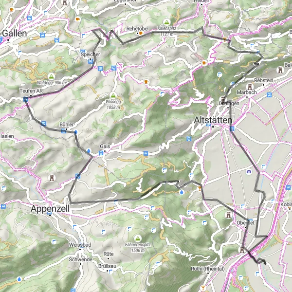 Zemljevid v pomanjšavi "Vzpon na Gupf" kolesarske inspiracije v Vorarlberg, Austria. Generirano z načrtovalcem kolesarskih poti Tarmacs.app