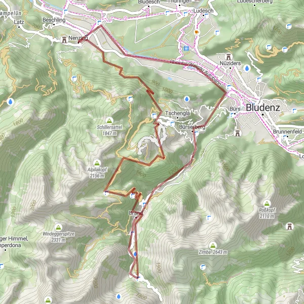 Miniatura della mappa di ispirazione al ciclismo "Avventura in bicicletta tra le montagne selvagge" nella regione di Vorarlberg, Austria. Generata da Tarmacs.app, pianificatore di rotte ciclistiche
