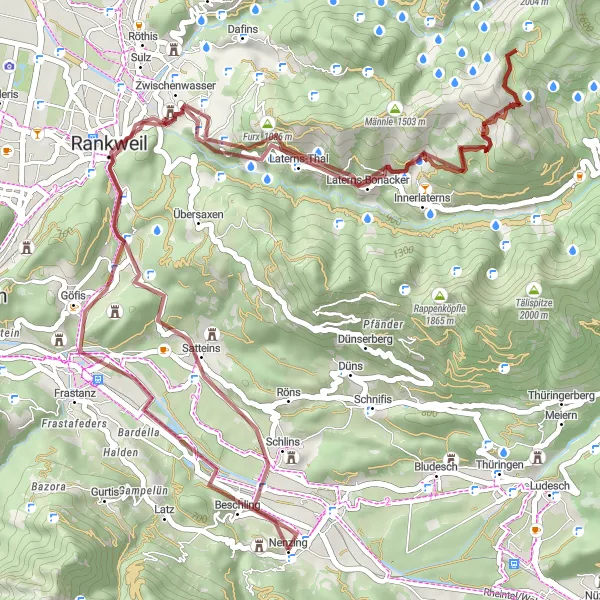Miniature de la carte de l'inspiration cycliste "Off-Road Exploration to Laterns-Thal" dans la Vorarlberg, Austria. Générée par le planificateur d'itinéraire cycliste Tarmacs.app