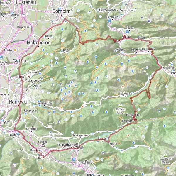 Miniature de la carte de l'inspiration cycliste "Gravel Adventure to Fontanella" dans la Vorarlberg, Austria. Générée par le planificateur d'itinéraire cycliste Tarmacs.app