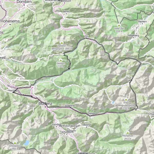 Karttaminiaatyyri "Vuoristomaantiekierros Bludeschista Känzeleen" pyöräilyinspiraatiosta alueella Vorarlberg, Austria. Luotu Tarmacs.app pyöräilyreittisuunnittelijalla