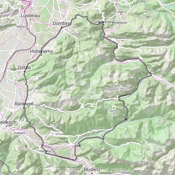 Karttaminiaatyyri "Vorarlbergin maantiereitti Damülsiin" pyöräilyinspiraatiosta alueella Vorarlberg, Austria. Luotu Tarmacs.app pyöräilyreittisuunnittelijalla