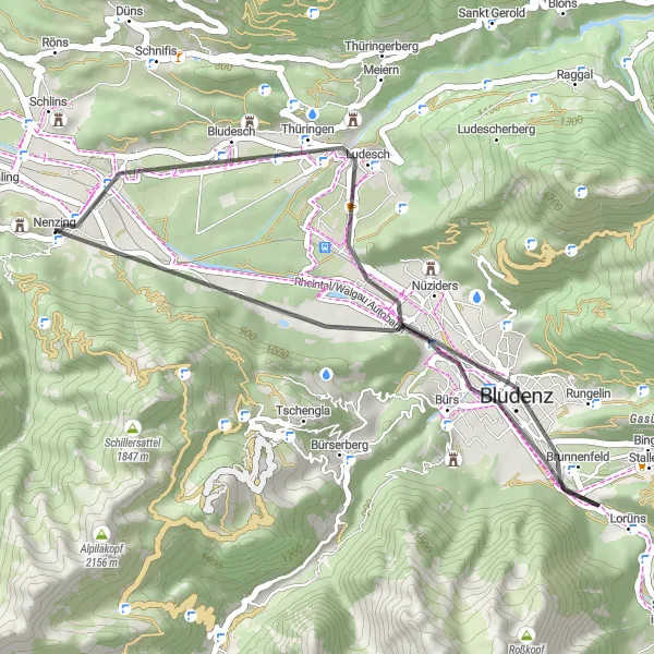 Zemljevid v pomanjšavi "Kolesarska pot do Bludenza" kolesarske inspiracije v Vorarlberg, Austria. Generirano z načrtovalcem kolesarskih poti Tarmacs.app