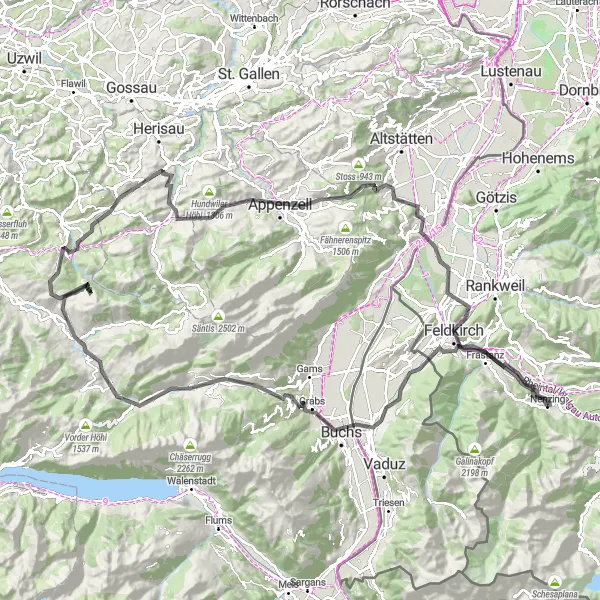Miniatua del mapa de inspiración ciclista "Ruta de Nenzing a Ardetzenberg y Feldkirch" en Vorarlberg, Austria. Generado por Tarmacs.app planificador de rutas ciclistas