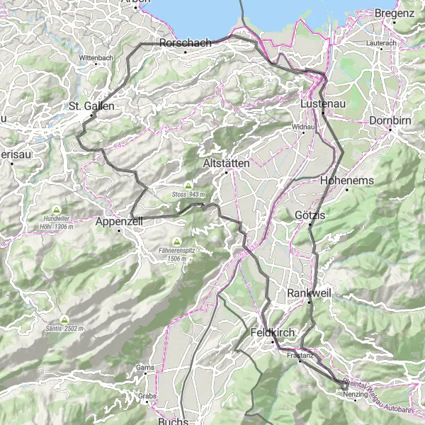Miniature de la carte de l'inspiration cycliste "Scenic Tour to Ruine Welsch-Ramschwag" dans la Vorarlberg, Austria. Générée par le planificateur d'itinéraire cycliste Tarmacs.app