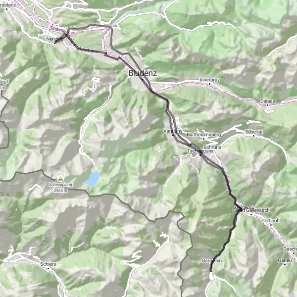 Mapa miniatúra "Cyklistická trasa Lorüns - Känzele" cyklistická inšpirácia v Vorarlberg, Austria. Vygenerované cyklistickým plánovačom trás Tarmacs.app