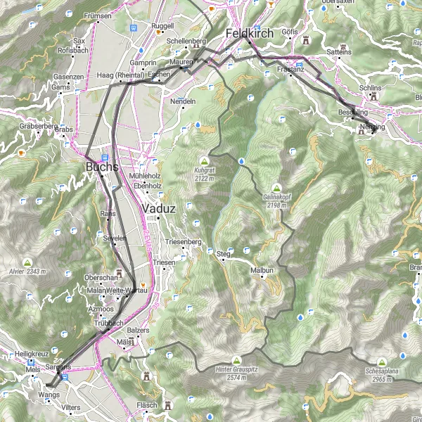 Zemljevid v pomanjšavi "Gorska avantura od Nenzinga do Rabenstein" kolesarske inspiracije v Vorarlberg, Austria. Generirano z načrtovalcem kolesarskih poti Tarmacs.app
