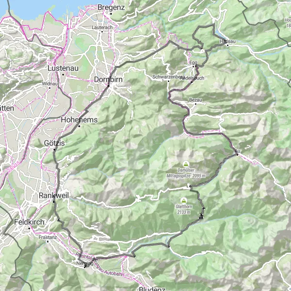 Map miniature of "Exploring Vorarlberg's Road Cycling Routes" cycling inspiration in Vorarlberg, Austria. Generated by Tarmacs.app cycling route planner