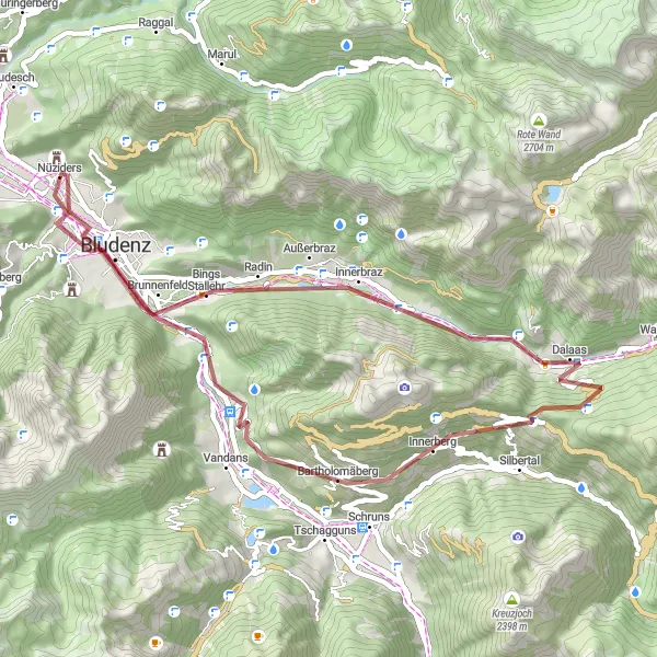 Miniature de la carte de l'inspiration cycliste "Randonnée en gravel autour des villages alpins" dans la Vorarlberg, Austria. Générée par le planificateur d'itinéraire cycliste Tarmacs.app