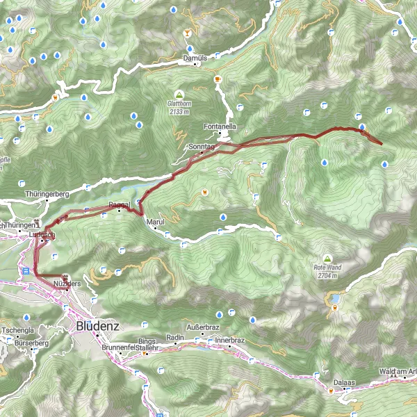 Miniatura della mappa di ispirazione al ciclismo "Tour in bicicletta Känzele-Fontanella-Sankt Gerold con 57 km" nella regione di Vorarlberg, Austria. Generata da Tarmacs.app, pianificatore di rotte ciclistiche