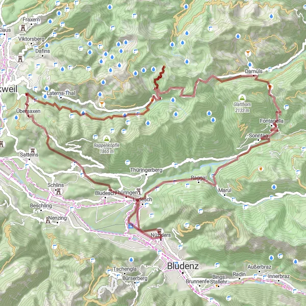 Mapa miniatúra "Dojazd k Damüls - Raggal" cyklistická inšpirácia v Vorarlberg, Austria. Vygenerované cyklistickým plánovačom trás Tarmacs.app