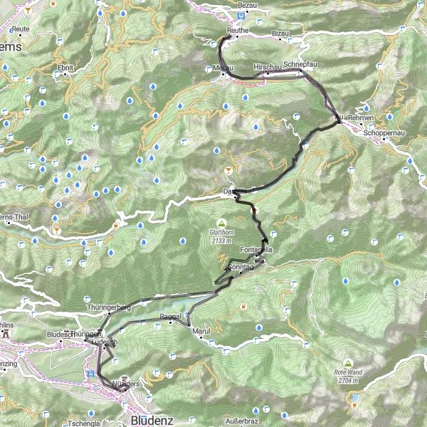 Miniature de la carte de l'inspiration cycliste "Tour panoramique à travers le Vorarlberg" dans la Vorarlberg, Austria. Générée par le planificateur d'itinéraire cycliste Tarmacs.app