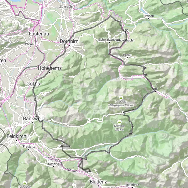 Miniaturní mapa "Trasa kolem Vorarlberska" inspirace pro cyklisty v oblasti Vorarlberg, Austria. Vytvořeno pomocí plánovače tras Tarmacs.app