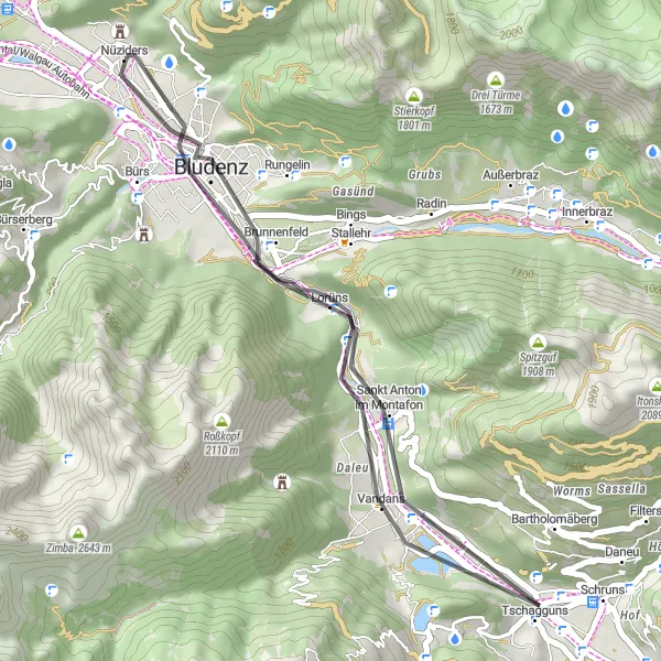 Miniature de la carte de l'inspiration cycliste "Boucle pittoresque autour de Vandans" dans la Vorarlberg, Austria. Générée par le planificateur d'itinéraire cycliste Tarmacs.app