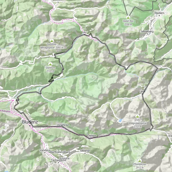 Kartminiatyr av "Nüziders - Känzele - Raggal - Fontanella - Faschinajoch - Schoppernau - Schröcken - Hochtannbergpass - Lech - Flexenpass - Schnauzlberg - Dalaas - Innerbraz - Aussichtspunkt mit 3 Bänken" cykelinspiration i Vorarlberg, Austria. Genererad av Tarmacs.app cykelruttplanerare