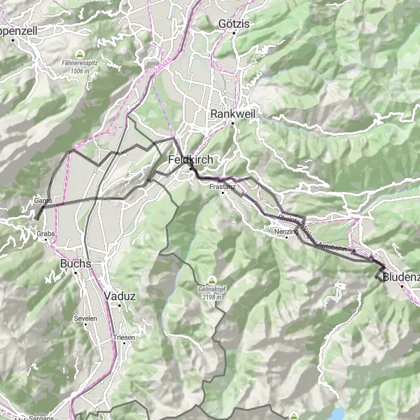 Karttaminiaatyyri "Nüzidersin ympäriajo Schlinsin kautta" pyöräilyinspiraatiosta alueella Vorarlberg, Austria. Luotu Tarmacs.app pyöräilyreittisuunnittelijalla
