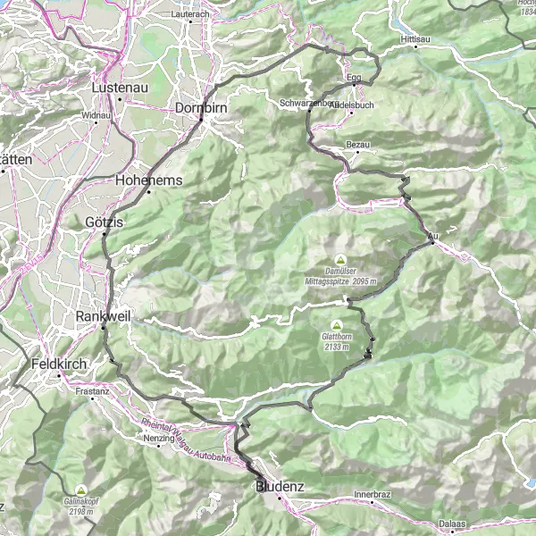 Kartminiatyr av "Nüziders til Kuhloch Landeveissykkelrute" sykkelinspirasjon i Vorarlberg, Austria. Generert av Tarmacs.app sykkelrutoplanlegger