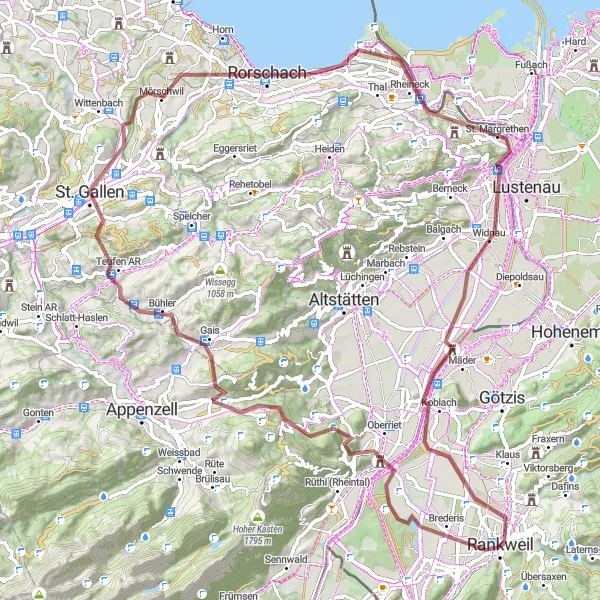 Miniatura della mappa di ispirazione al ciclismo "Giro in bicicletta tra Rankweil e Sulz" nella regione di Vorarlberg, Austria. Generata da Tarmacs.app, pianificatore di rotte ciclistiche