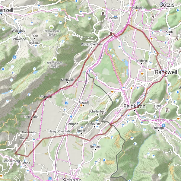 Miniaturní mapa "Gravelová trasa kolem Rankweilu a Eschen" inspirace pro cyklisty v oblasti Vorarlberg, Austria. Vytvořeno pomocí plánovače tras Tarmacs.app