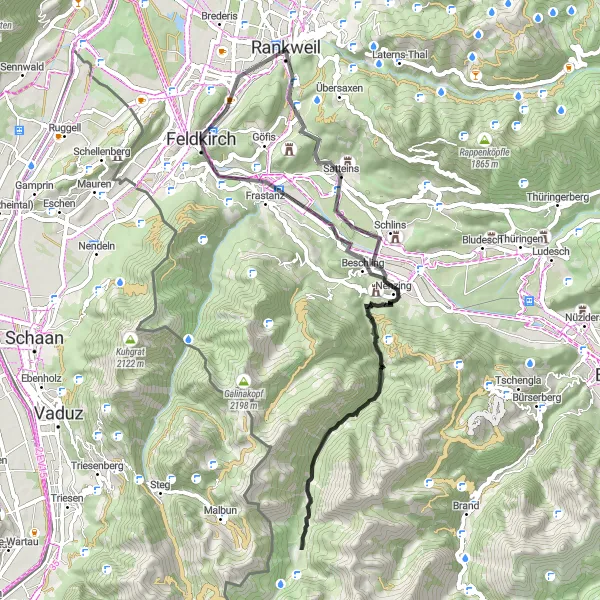 Miniatua del mapa de inspiración ciclista "Desafío en la montaña: Rankweil - Ardetzenberg" en Vorarlberg, Austria. Generado por Tarmacs.app planificador de rutas ciclistas