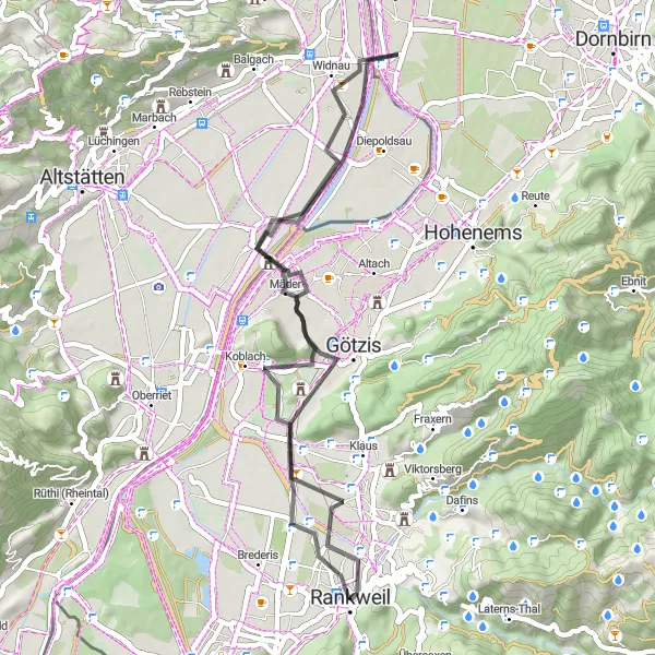 Miniatua del mapa de inspiración ciclista "La ruta escénica de Götzis a Pfarrschrofenausblick" en Vorarlberg, Austria. Generado por Tarmacs.app planificador de rutas ciclistas