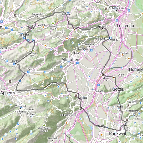 Miniatuurkaart van de fietsinspiratie "Tour van Rankweil naar Oberriet en Götzis" in Vorarlberg, Austria. Gemaakt door de Tarmacs.app fietsrouteplanner