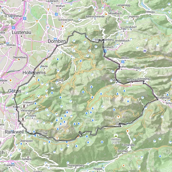 Kartminiatyr av "Rankweil til Damüls Road Cycling Route" sykkelinspirasjon i Vorarlberg, Austria. Generert av Tarmacs.app sykkelrutoplanlegger