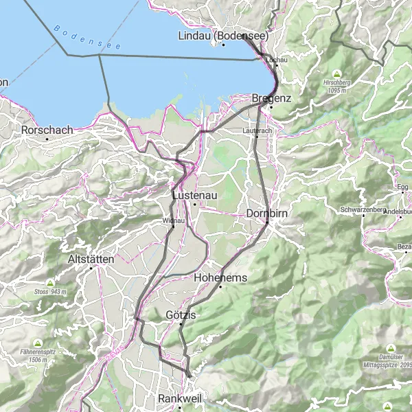 Miniatura della mappa di ispirazione al ciclismo "Giro in bicicletta da Rankweil a Bregenz" nella regione di Vorarlberg, Austria. Generata da Tarmacs.app, pianificatore di rotte ciclistiche